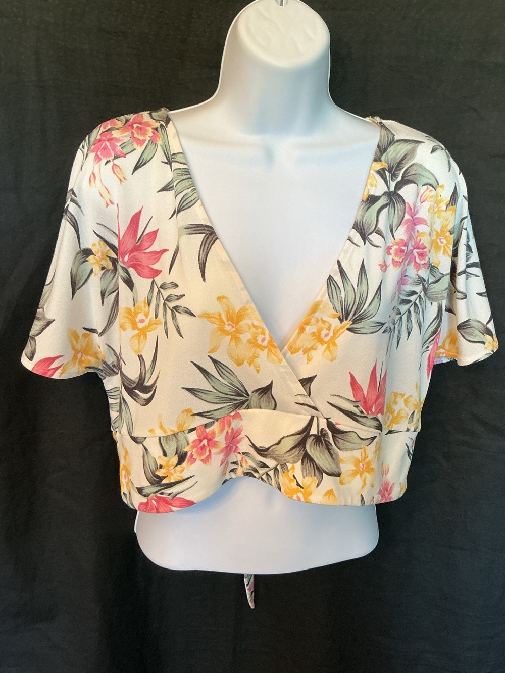 H&M Cream Floral Tie-Front Crop Top with Pink & Yellow Blooms